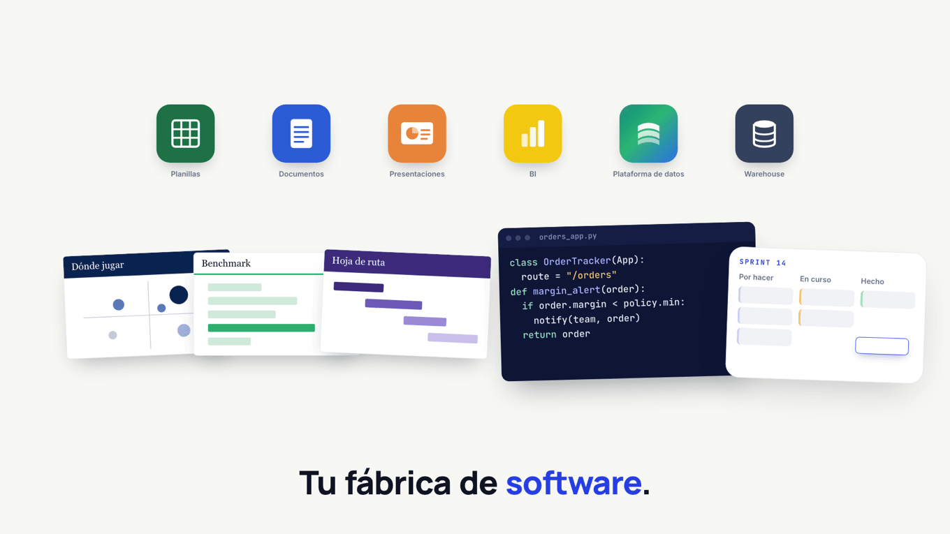 Íconos de planillas, documentos, presentaciones, BI, plataforma de datos y warehouse, sobre slides de consultoría estratégica, un editor de código y un tablero de sprint