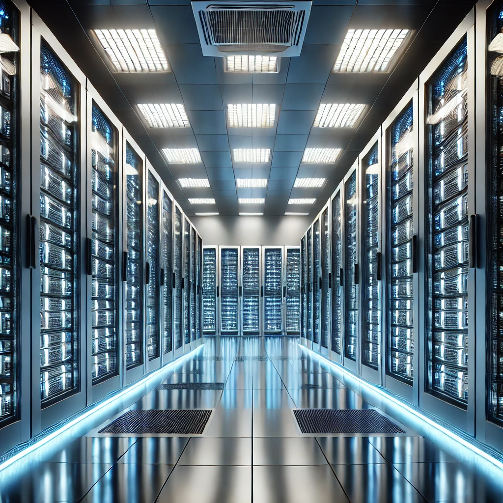 Rows of server racks in a modern data center — the physical infrastructure behind AI and data operations